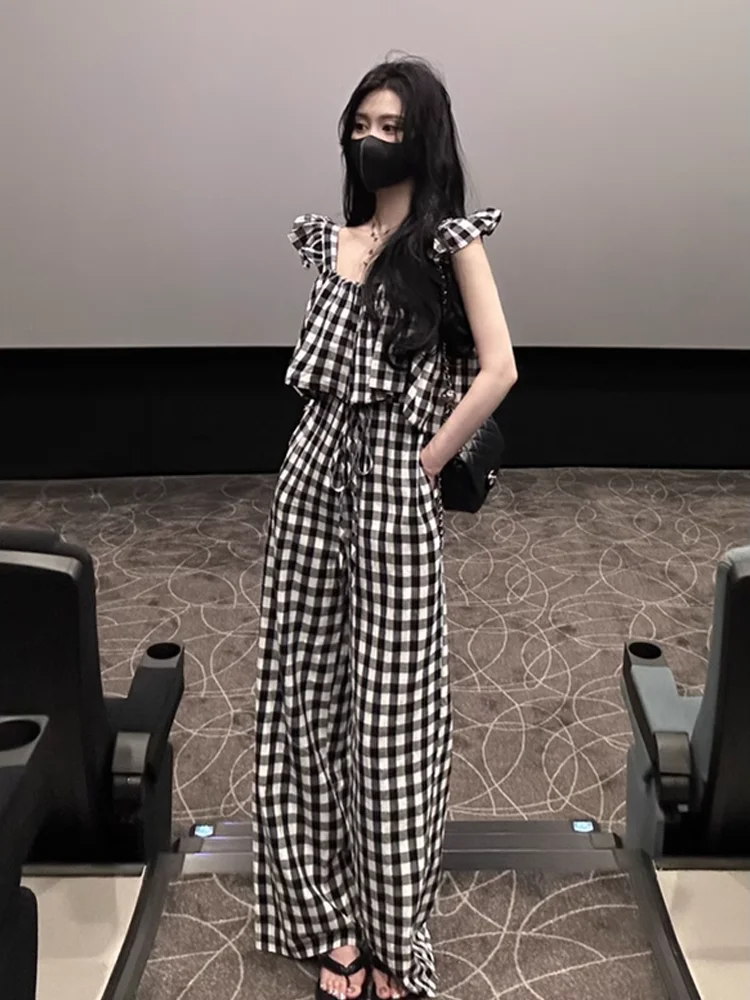 

Bla White Plaid Fly Sve Pants Women's Summer Loose Slimming Straight Leg Overalls High Waist Long Pants