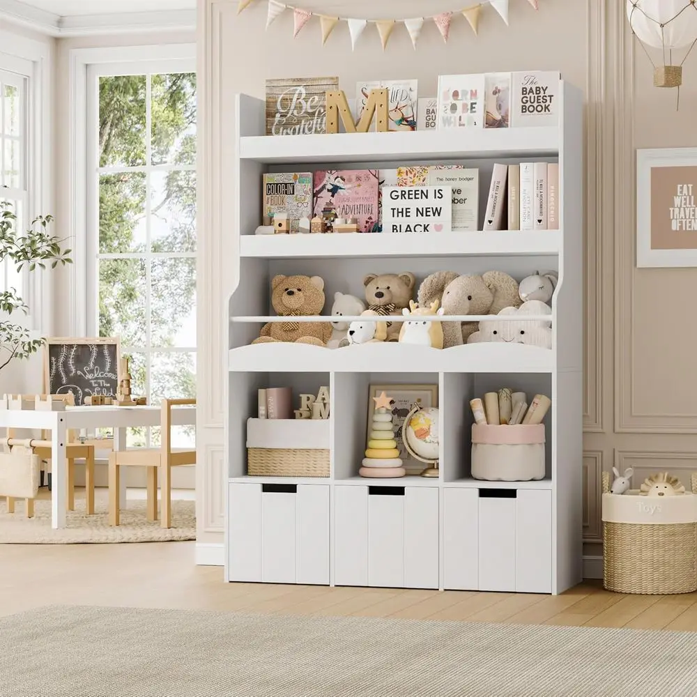 

55.3 Tall Kids Bookshelf with 3 Storage Bins, White, for Playroom and Toy Chest Organization