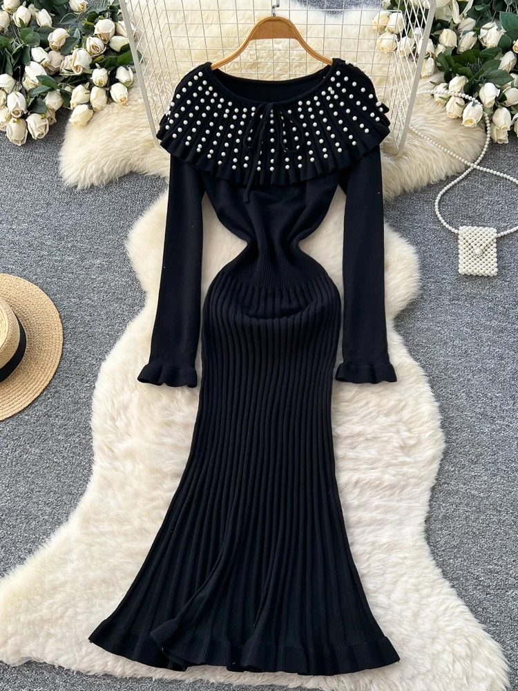 Ele vestido sin hombros con adornos de perlas largo Sve adelgazante diseño de cintura alta coreano Sle A-Line Dr para mujer