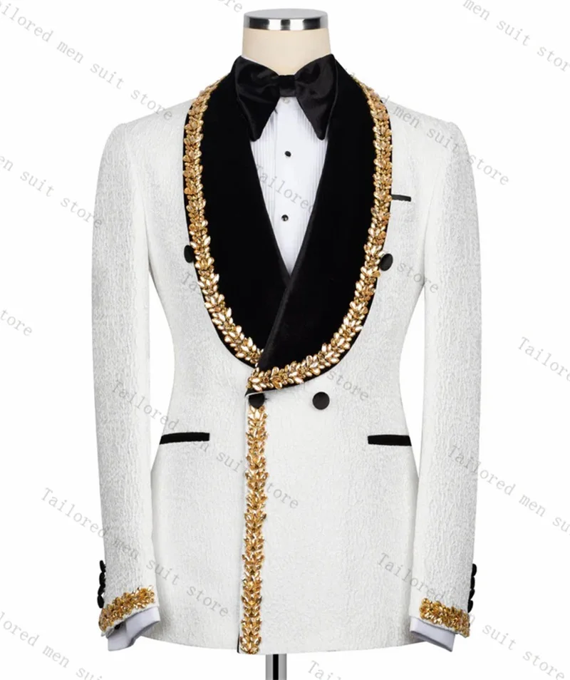 Jacquard Men Suits Pants Set 2 Pcs Crystals White Blazer+Black Trousers Velvet Lapel Wedding Tuxedos Prom Jacket Formal Coat