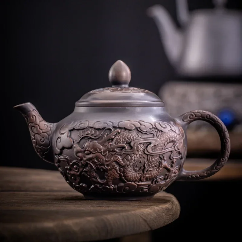 

High-grade Carving Purple Pottery Retro Teapot Ceramic Kettle Pot Kung Fu Tea Set Pure Handmade Teapot Teapot for Tea Puer