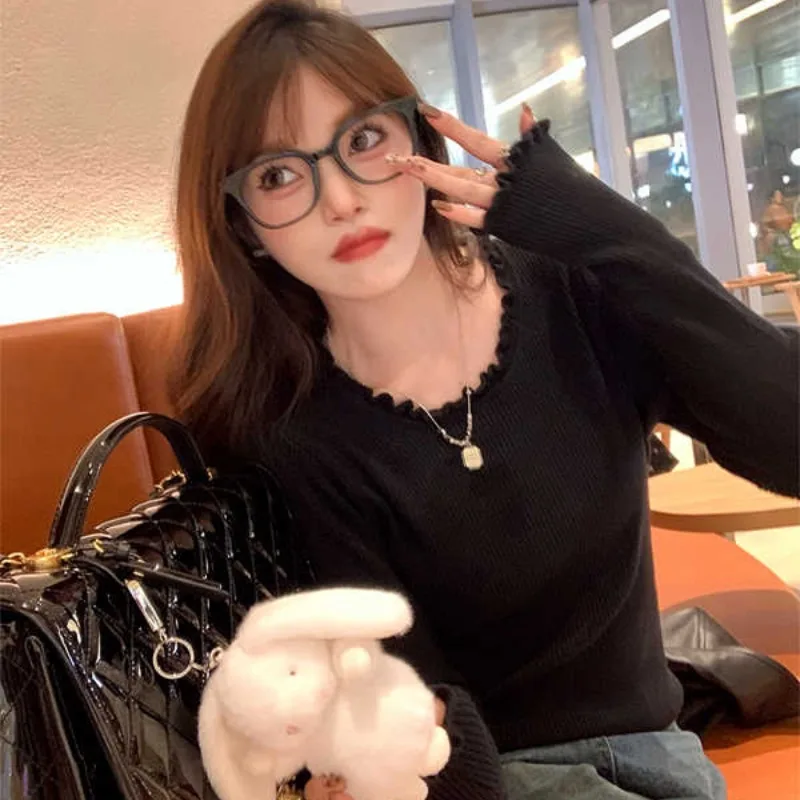 Moda manga longa branco camisola de malha pulôveres femininos o pescoço camisola de malha pulôver feminino topos sueter feminino suéteres q1645