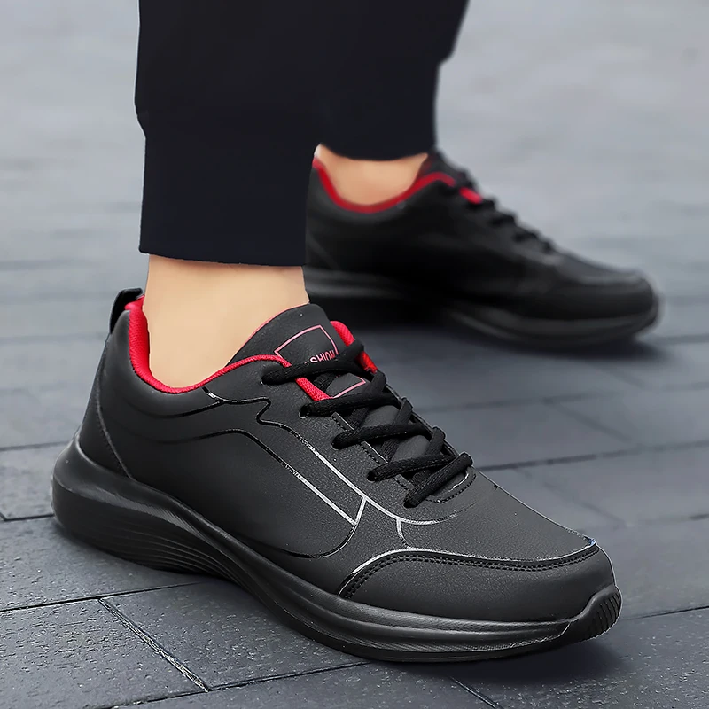 Men Leather Sport Shoes Black Running Shoes Outdoor Waterproof Sneakers Men Big Size 46 Lightweight Athletic Sneakers for Men