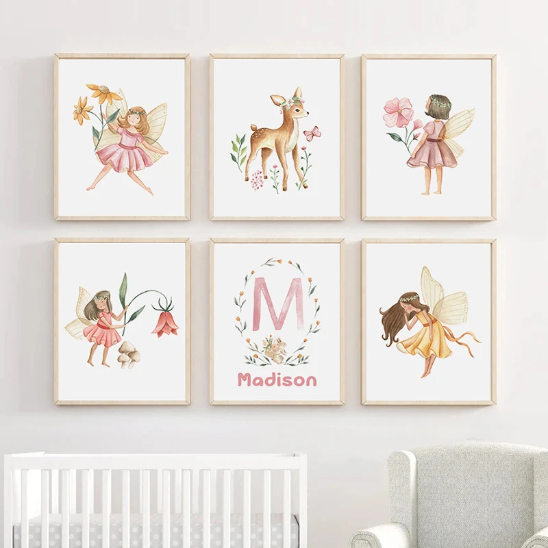 Pink Fairy Kids' Name Customized Wall Art Canvas Paintings Posters and Prints for Girl's Bedroom Decor Baby Shower Gift Pictures