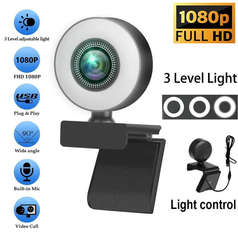 كاميرا ويب 1080 بكسل للتحكم في الضوء كاميرا ويب عالية الدقة للكمبيوتر المحمول والتركيز التلقائي والبث المباشر المرن مع ميكروفون البث المباشر