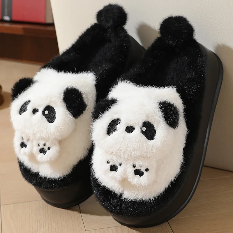 

New high heel panda shoes women's winter loafer thick slippers woman fluffy slip on shoes ladies animal warm fuzzy home slipper