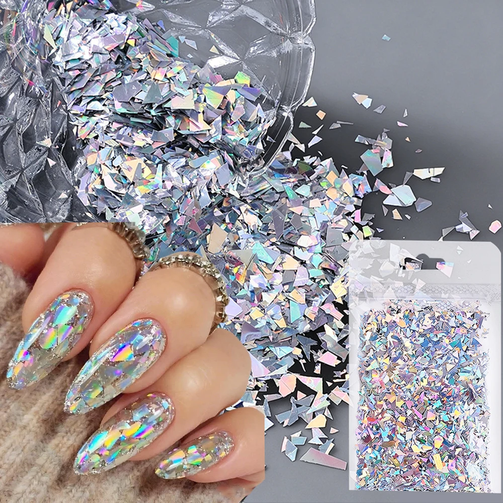 2.5G Iridescent Nail Glass Flakes - Holographic Broken Glass Nail Art Sequins, Nail Decorations for Acrylic Nails & Manicure DIY