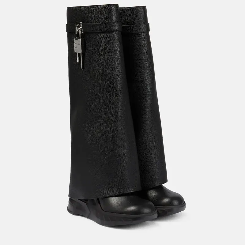 Women\'s New Round Toe Thick Bottom Round Toe Skirt Shark Long Sleeve Wedge Heel High Metal Buckle Large Sleeve Knee Length Boots