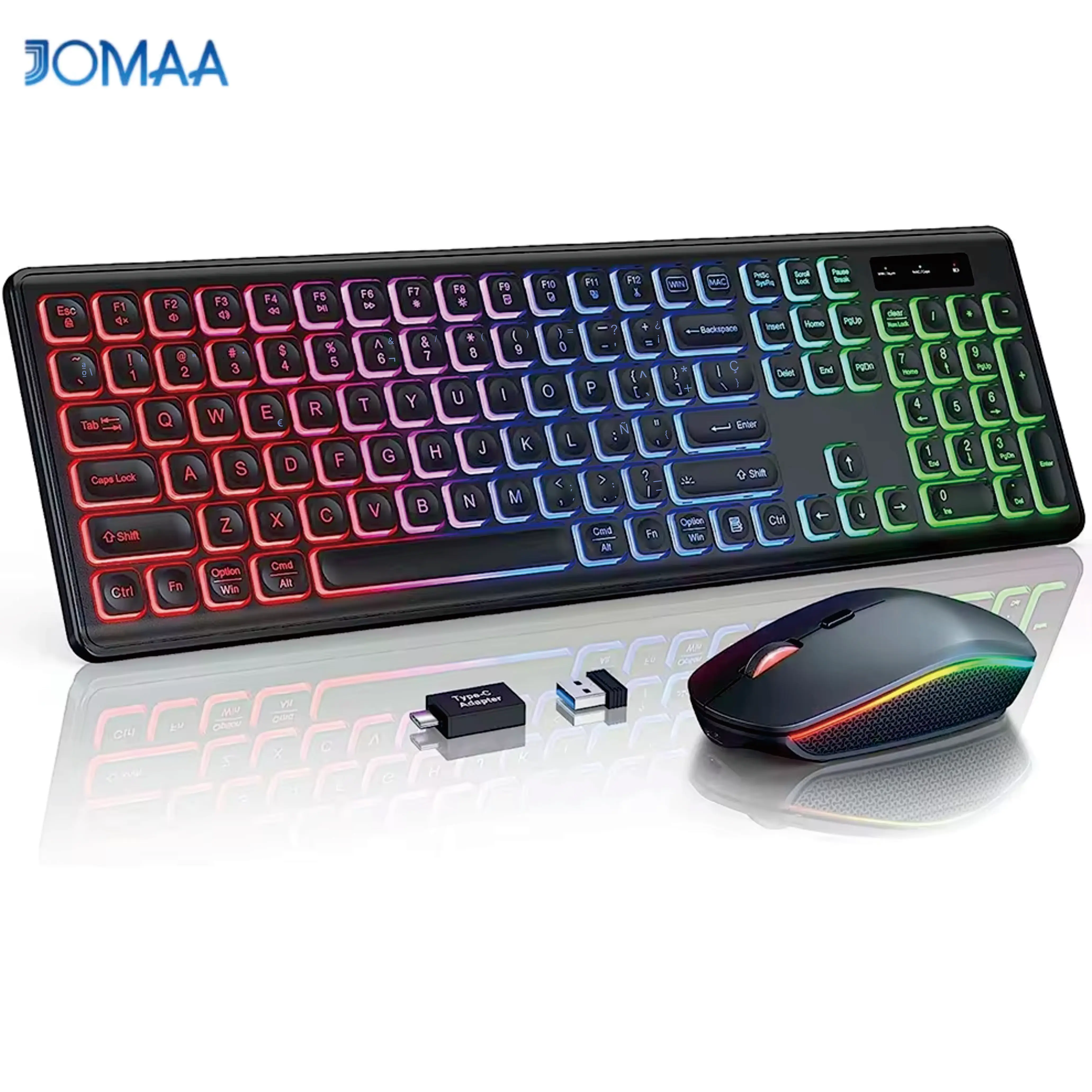 Combo Tastiera e Mouse Wireless con Retroilluminazione RGB, Lettere Luminose Ricaricabili, Dimensioni Complete, Ergonomico, Modalità Risparmio Energetico, 2.4GHz