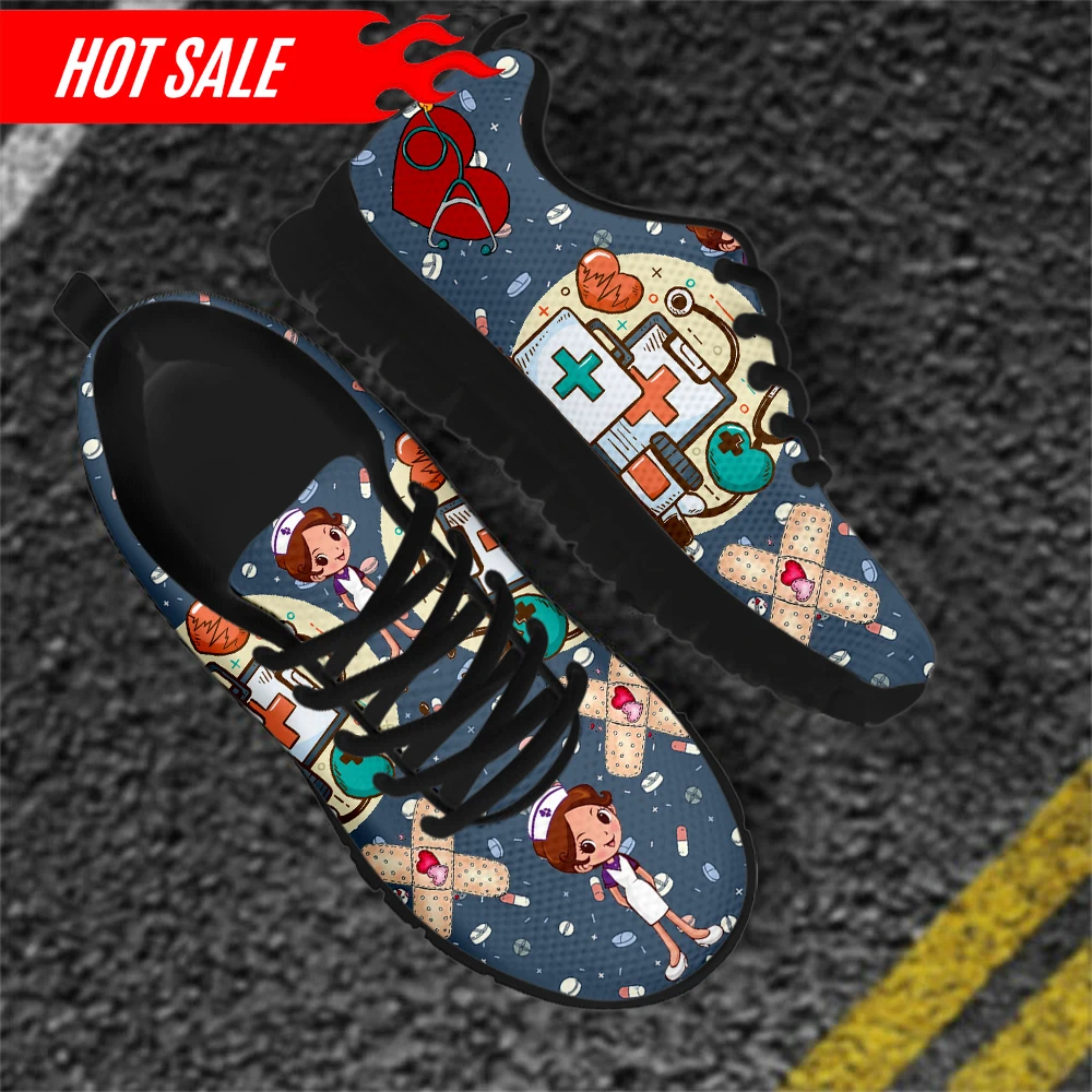 Women's Nurse Sneakers Medical Print Flat Shoes for Female Nurse Girls Cartoon Pattern Footwear Zapatos Enfermera