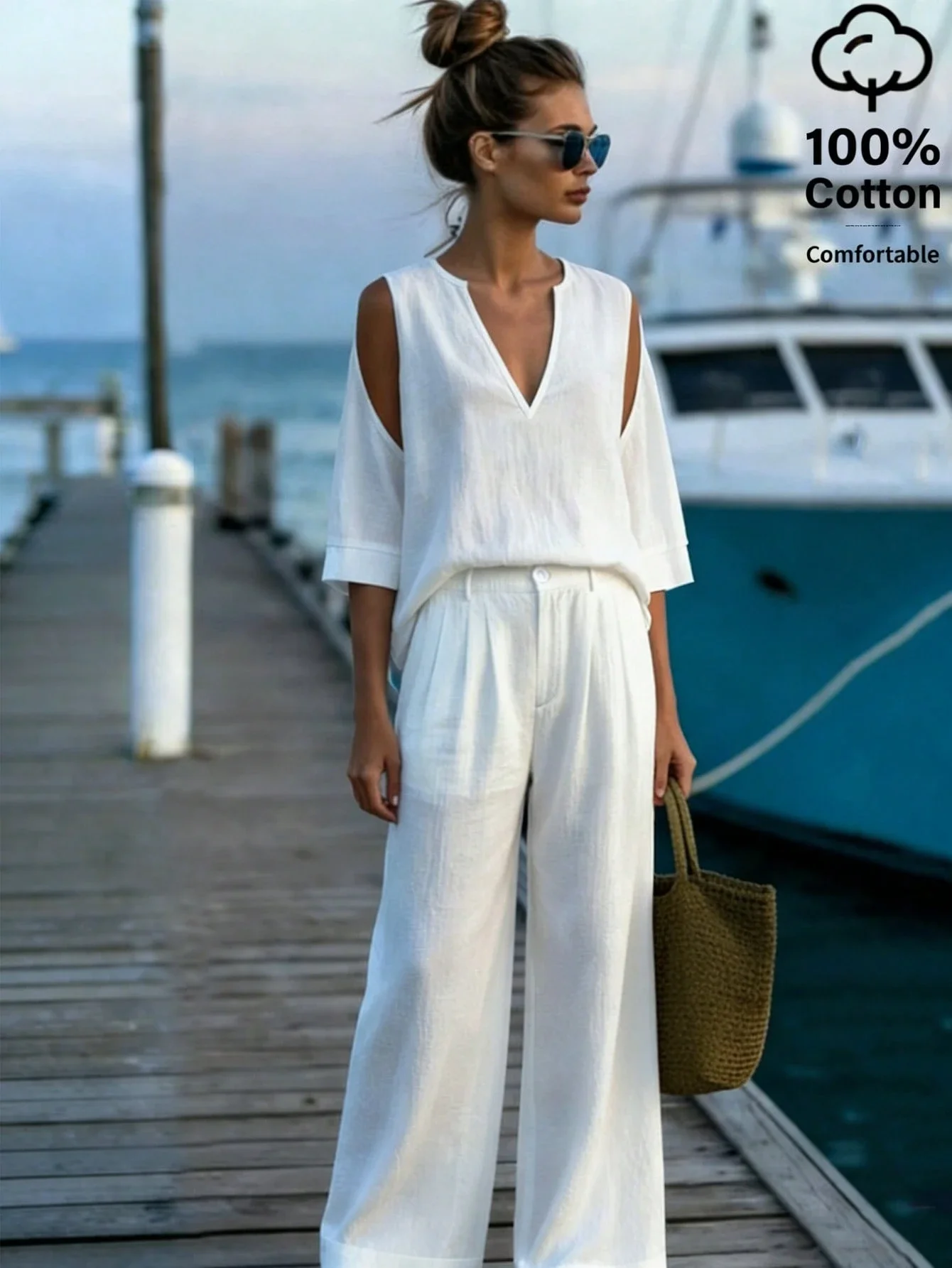 

Women Off Shoulder V Neck Cotton Blouse And Wide Leg Pants 2 Piece Set