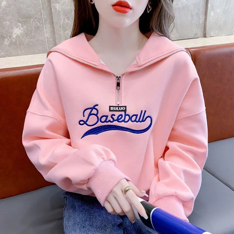 Fashion Sailor Collar Zipper Embroidery Sweatshirts Female Clothing 2023 Autumn New Loose Casual Tops Letter Korean Sweatshirts