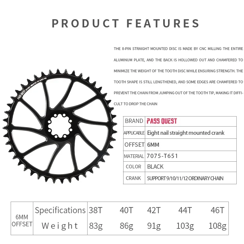 6mm Offset Round Direct Mount Chainring for SRAM 8 Nail Crank Chainwheel 38T/40T/42T/44T/46T Support 9-12 Speed Chain