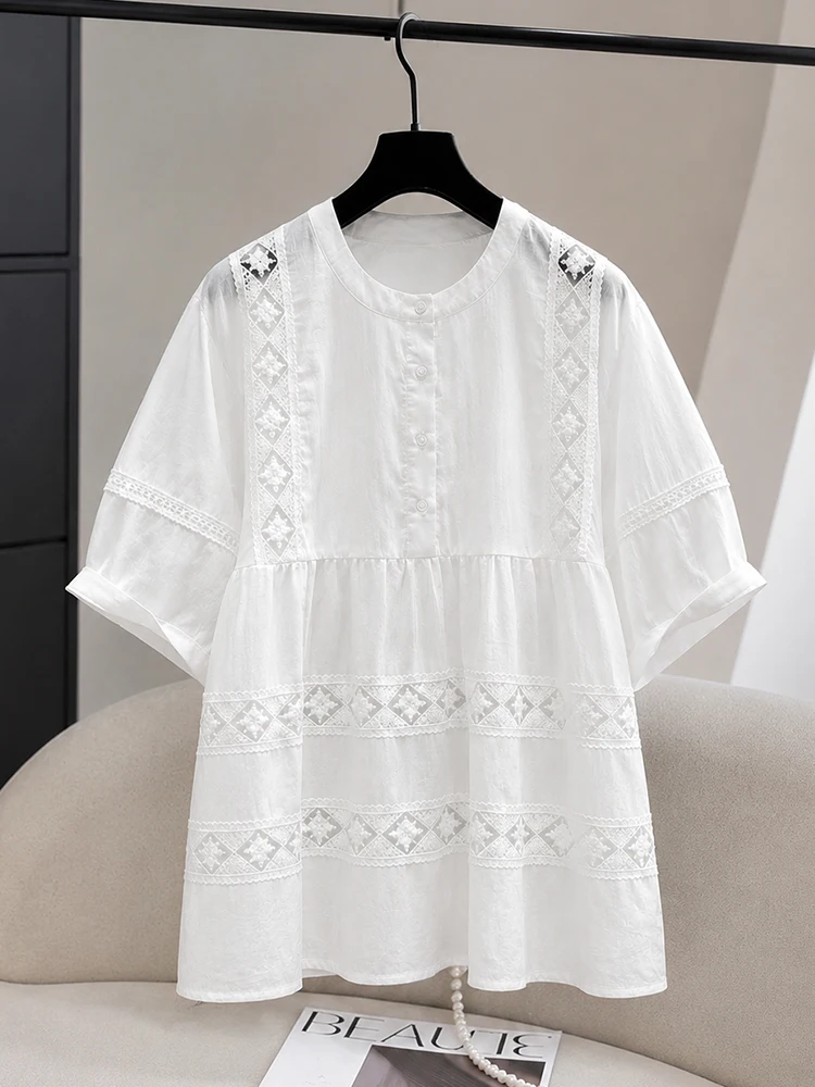 

Elegant White Hollow out Doll Shirt Women's Loose Fashionable round Neck plus Size Versatile Small Shirt Casual Short Sleeve