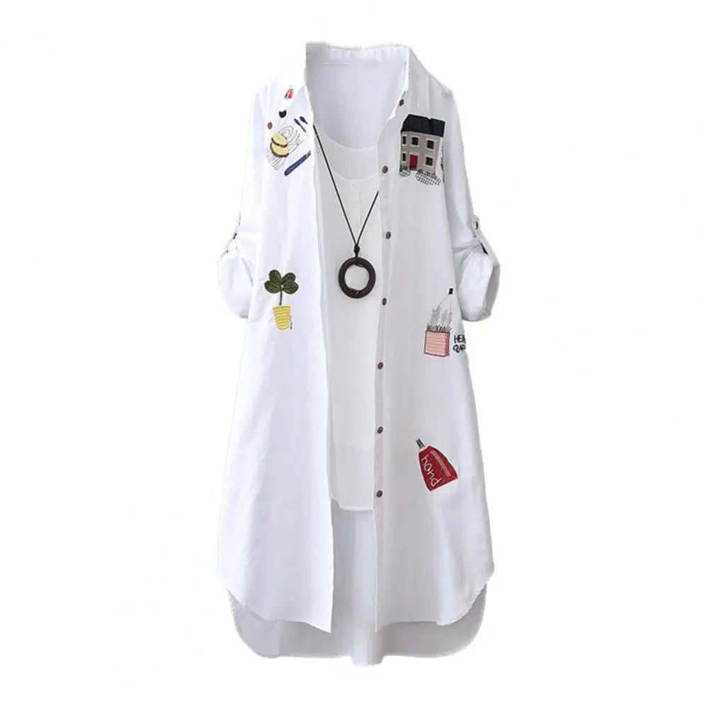 

Women Shirt Cartoon Embroidery with Irregular Hem Turn-down Collar for Spring