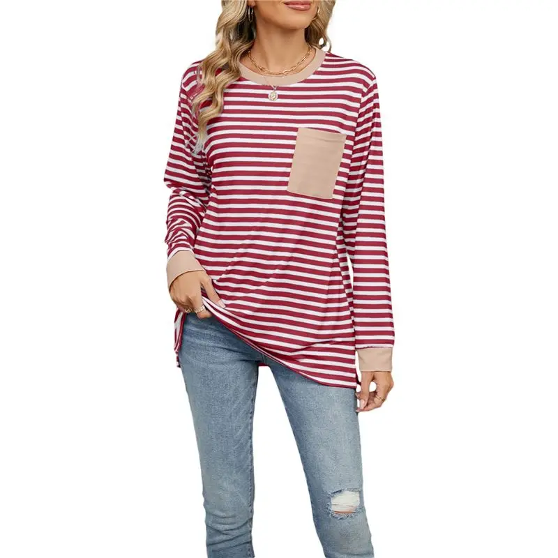 CYL-Camicie a maniche lunghe da donna girocollo a righe vestibilità ampia T-shirt color block autunnale 2025 con tasca