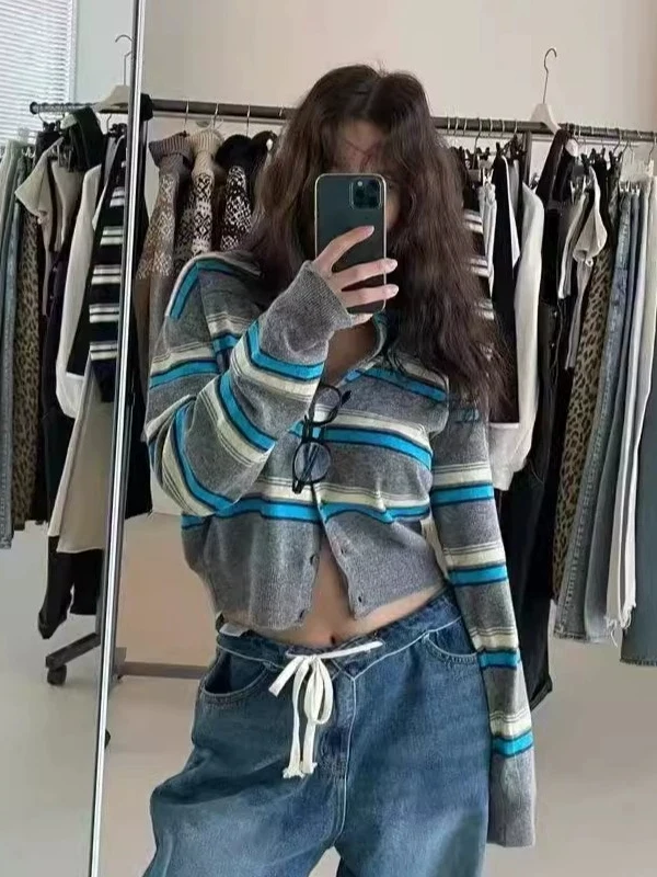 

Ретро-кардиган в корейском стиле, тонкий вязаный, в полоску, с цветовыми блоками, на пуговицах, повседневная верхняя одежда для молодых женщин