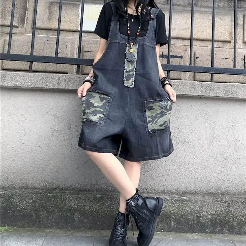 Denim Jumpsuits Striped Oversized Pants Wide Leg Shorts Bodysuits Women Camouflage Patchwork One Piece Outfits Women Clothing