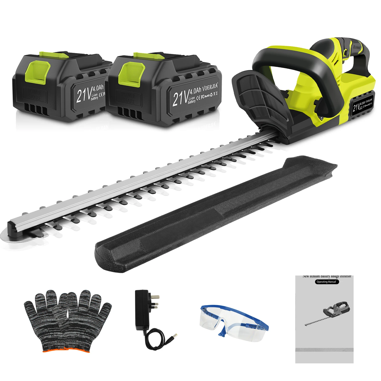 VOERJIA 21V Cordless Hedge Trimmer 750W Brushless 50cm Dual Action Blade, 9500RPM Electric Hedge Cutter with 2x4000mAh Batteries, 40-50Min Runtime for Garden