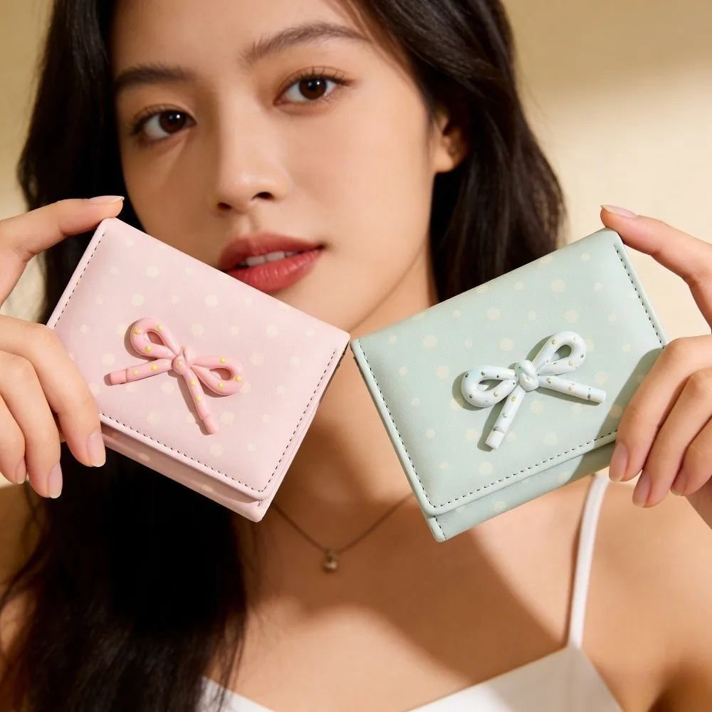 Polka Dot Bowknot Short Wallet Dopamine Color PU Leather Card Holder Coin Purse Large Capacity Student Simplicity Wallet Girl