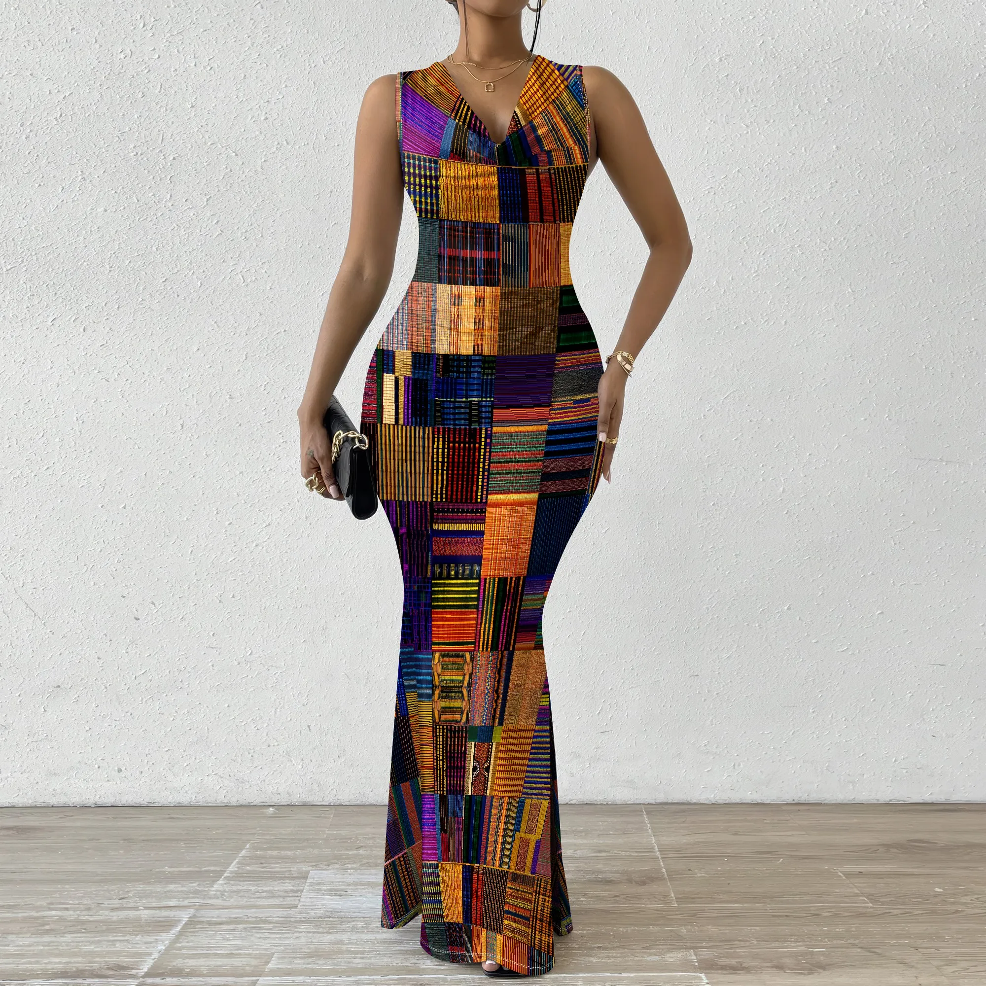 

African Kente Print Maxi Dress for Women XS-2XL 2025 Ethnic Tribal Sleeveless Bodycon Mermaid Long Dress for Festival Look