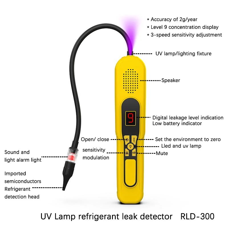 RLD-300 Halogen Freon Refrigerant Leak Detector With UV Lamp Digital Indication for 9 Levels Can Detects HFC HCFC CFC HFO
