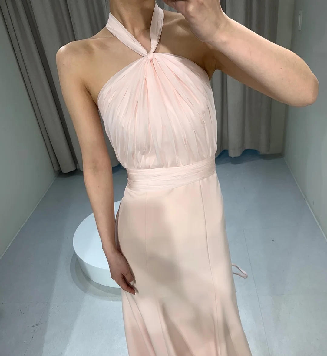 MD New Simple Pink Halter Wedding Dress Sleeveless Waist Pleat Korea Photo shoot Performance Dresses customised Prom Gown 2025