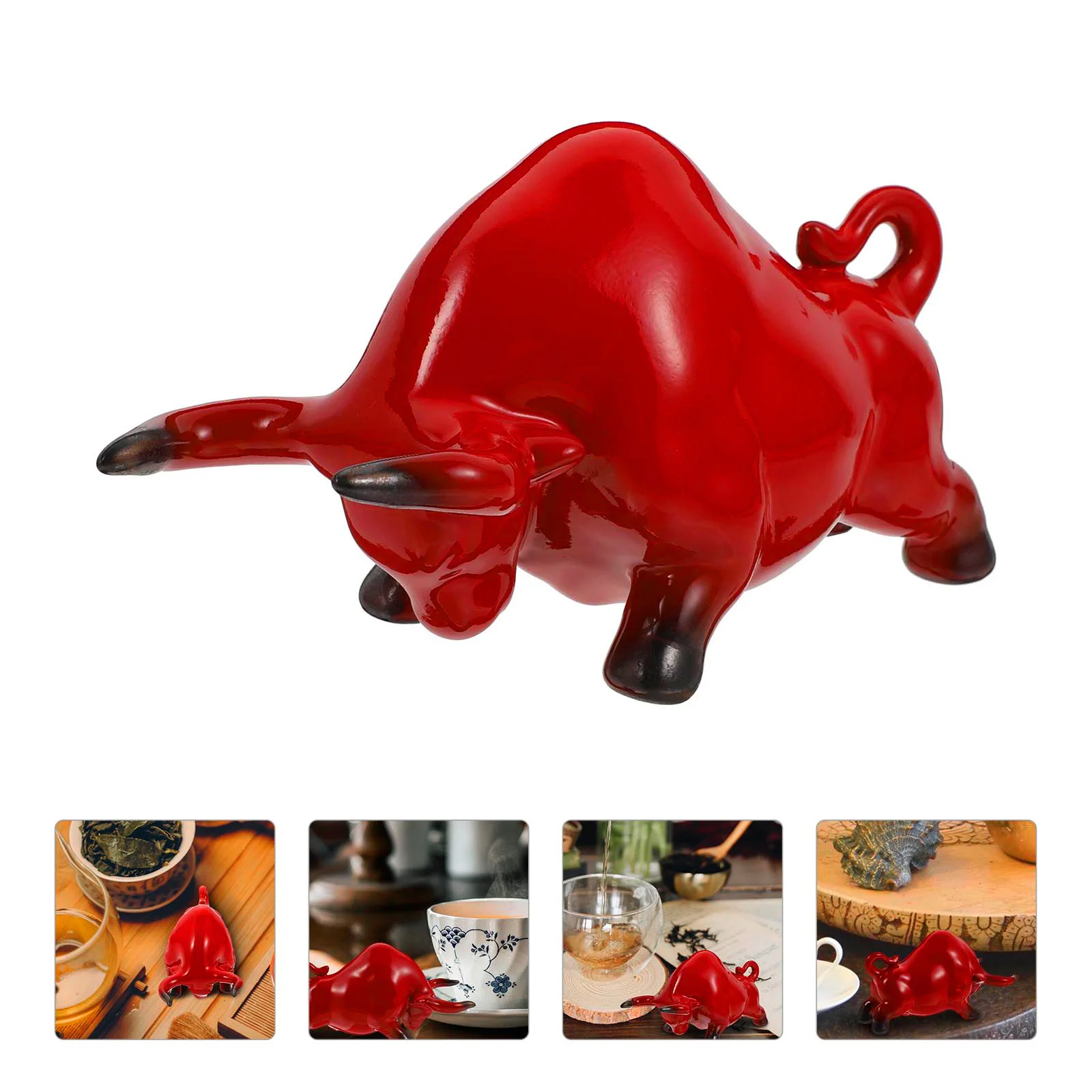 

1Pcs Red Ceramic for Tea Pet Home Office Desk Ornament Lucky Wealth Attracting Bull Statue Small Size Light Weight Easy