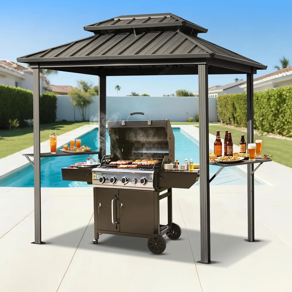 

6' x 8' Grill Gazebo, Outdoor Patio Gazebo with Galvanized Steel Double Roof, Hardtop Barbecue Canopy with 2 Side Shelves and C