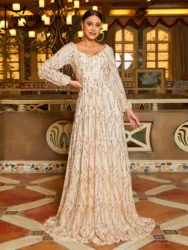 Missord Gold Sequin Tassels Prom Dresses Elegant Women Sweetheart Neck Lantern Sleeve Backless A-line Long Party Evening Dress