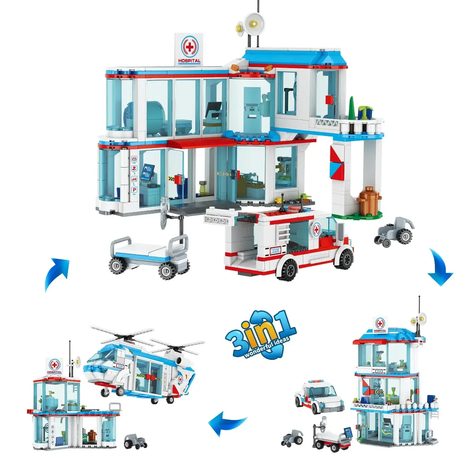 3 in1 City Hospital STEM Building Blocks Sets City Sets Ambulance Airport PassengerPolice Station Car Bricks Toy for Kids Gifts