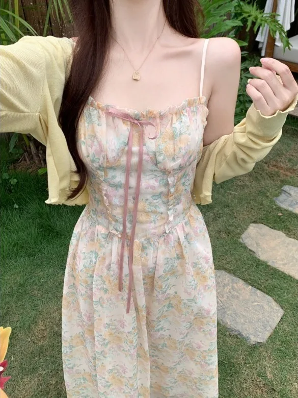 plus Size Floral Print Chiffon Halter Dress Women's Summer Thin Sun Protection Top Trendy City Commute Style High Waist Long ...