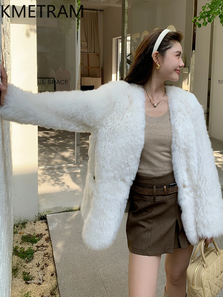 천연 투스카니 양털 양면 퍼 재킷 여성 고품질 V넥 화이트 리얼 퍼 코트 겨울 여성 의류 2025