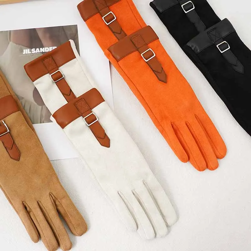 New Winter Women Fashion Elegant Retro Suede Leather Buckle Keep Warm Gloves Plus Velvet Touch Screen Cycling Drive Windproof