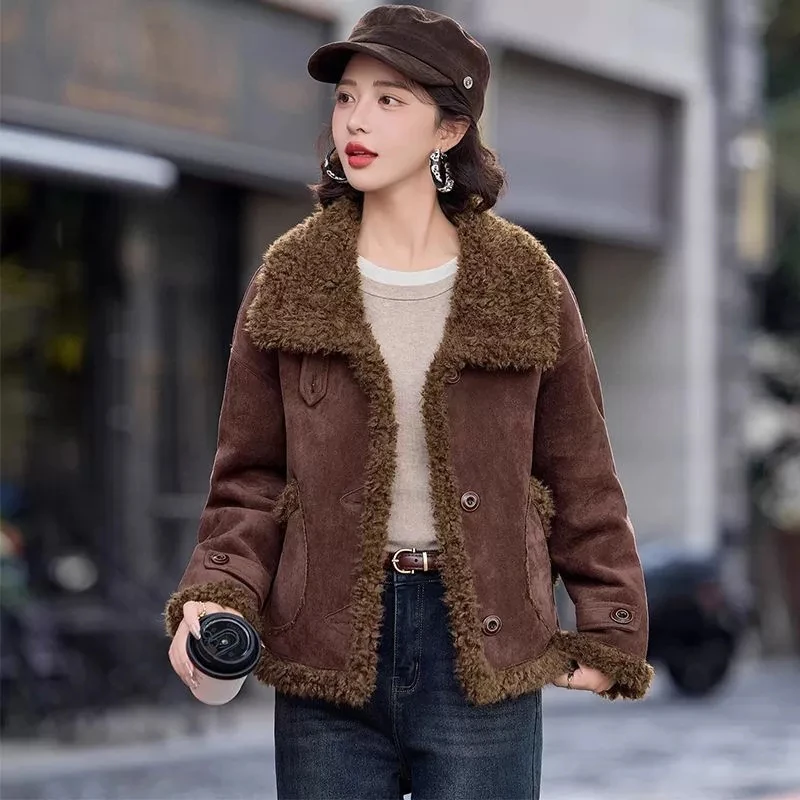 

Women's Camel Fur Plush Coat Long-Sleeved Fleece-Lined Cotton Jacket Elegant Loose Streetwear Casual Overwear Winter 2026