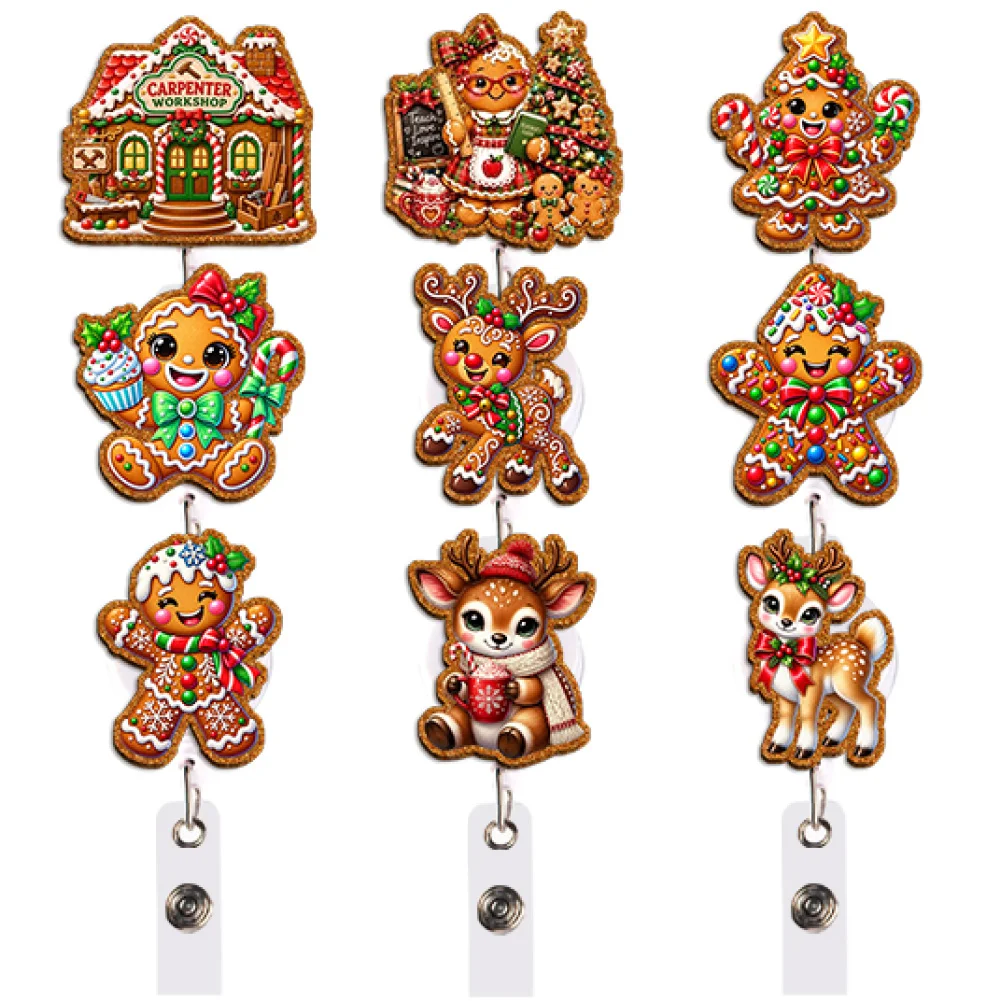 Christmas Gingerbread Deer Color Glitter Acrylic Reel Badge Clip or Business Promotion and Advertising Lightweight Nurse Doct