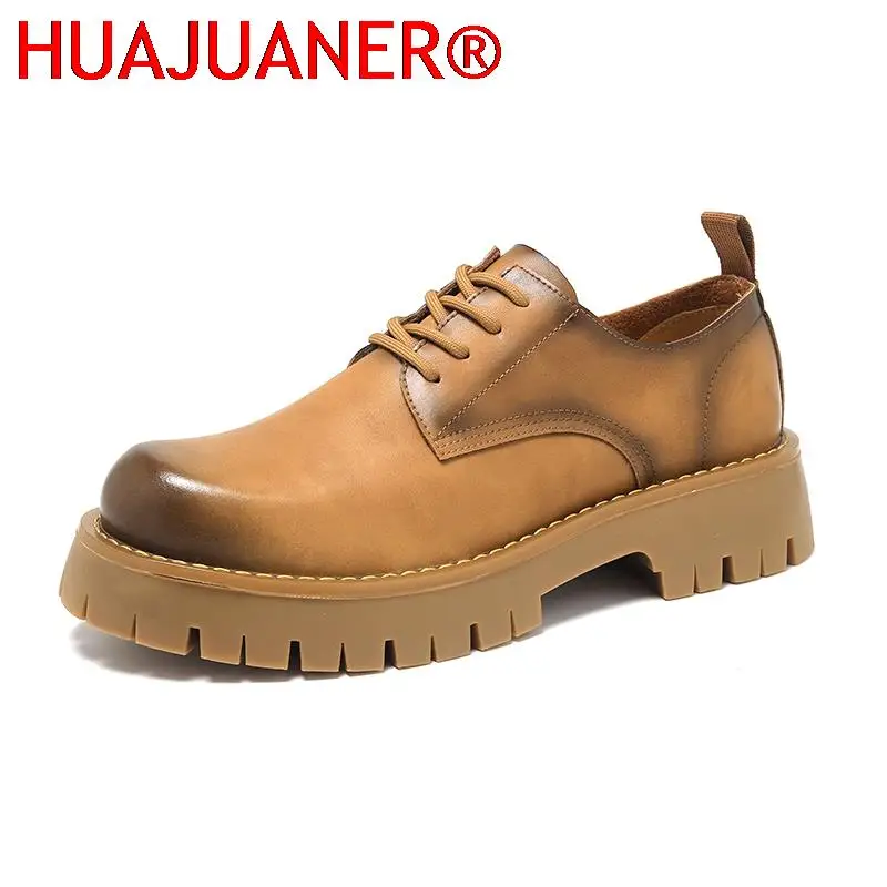 Zapatos Oxford de cuero genuino para hombre, calzado informal con plataforma y cordones, botas de vestir de baja altura