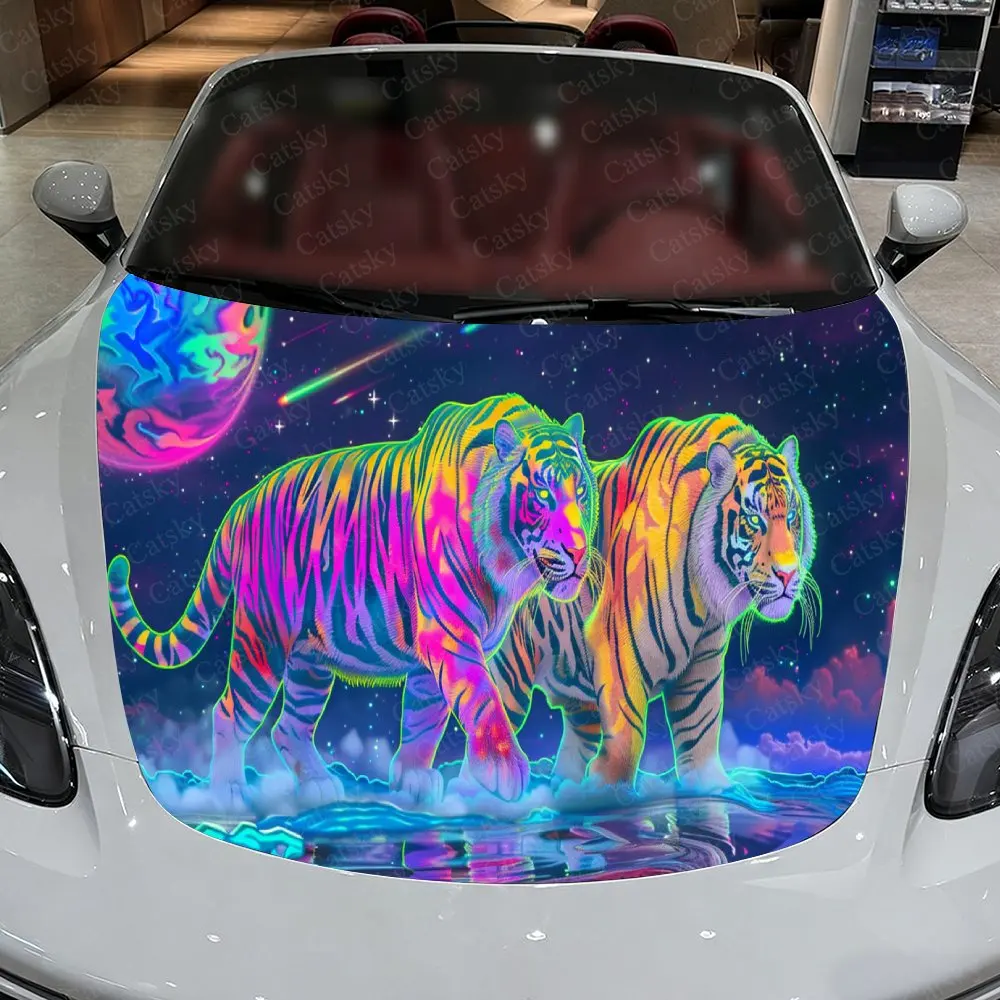 Adesivos românticos para capô de carro, par de tigre neon - envoltório de vinil autoadesivo, à prova d'água e durável, decorar e proteger seu carro - T