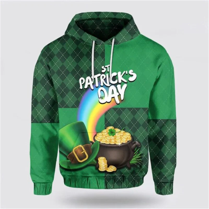 St. Patrick's Themed Green Hat Graphic Hoodie For Men Street Personality Skeleton Hooded Coat 2025 Festival Popular Hoodies