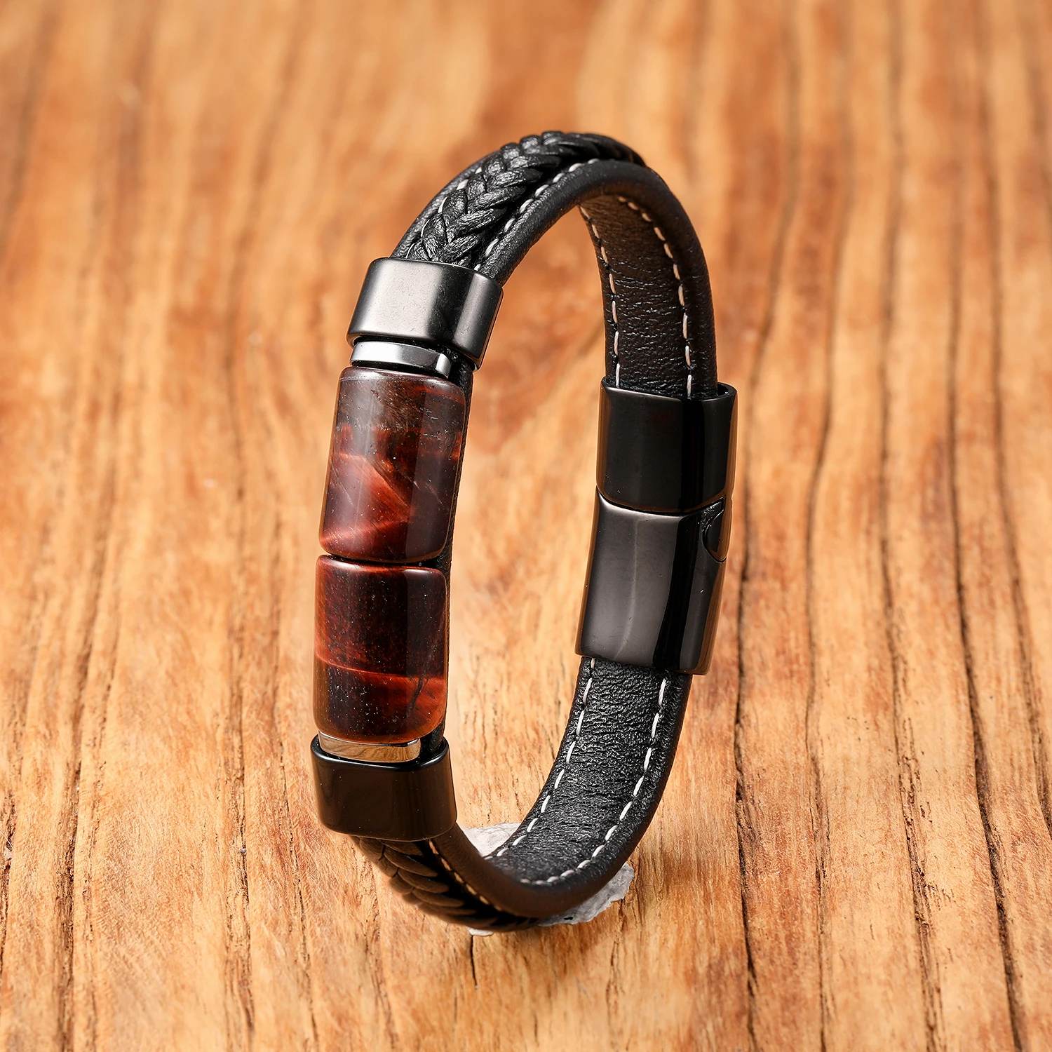 Natürliches Tigerauge-Steinarmband für Männer Hochwertiger Edelstahl Lederband Energiestein Pulseras Hombre Geschenk für Ihn – Detail 3