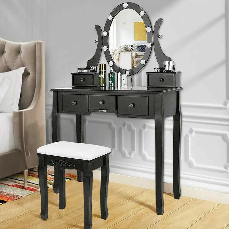 

Vanity Table Set Makeup Dressing Table w/ 10 LED Lights 5 Drawer Rotating Mirror