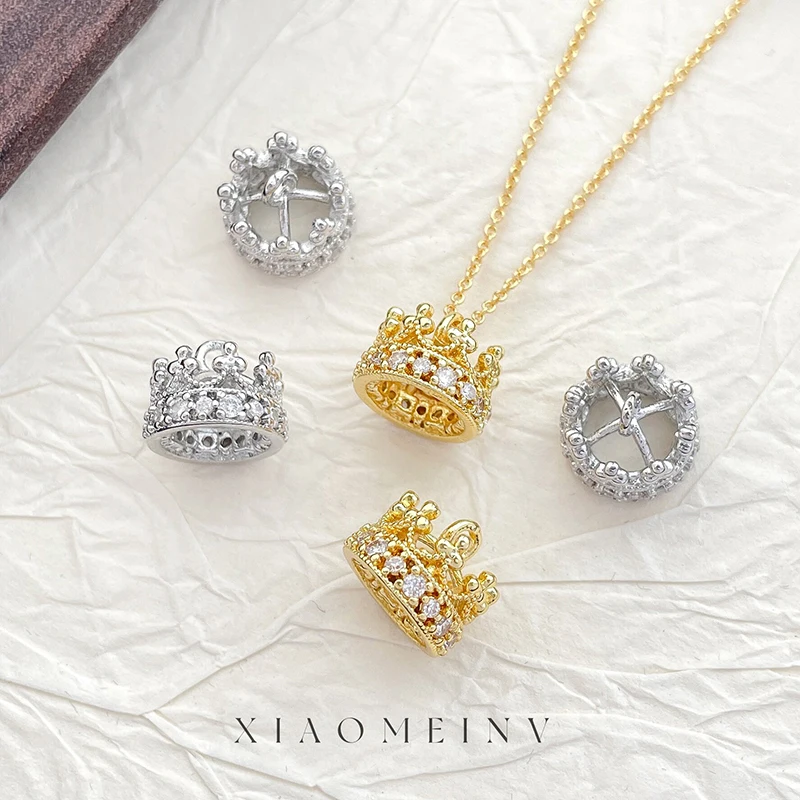 4pcs Copper Zirconium-inlaid Retro Court-style Hollowed-out Crown Pendant Pearl Hat DIY Jewelry Pearl Necklace Materials