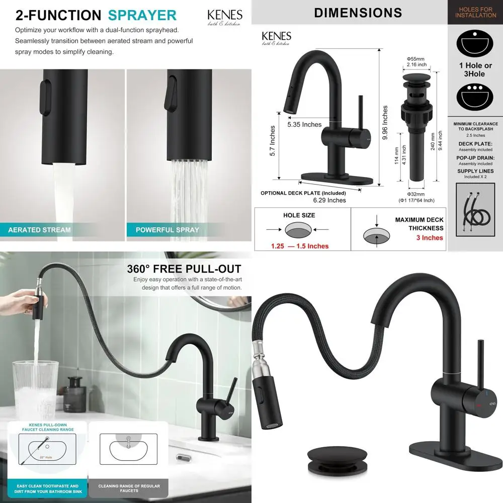 

Matte Black Single Handle Bathroom Sink Faucet with Pull-Out Spray, Pop-Up Drain & Deck Plate, KE-9065B-2