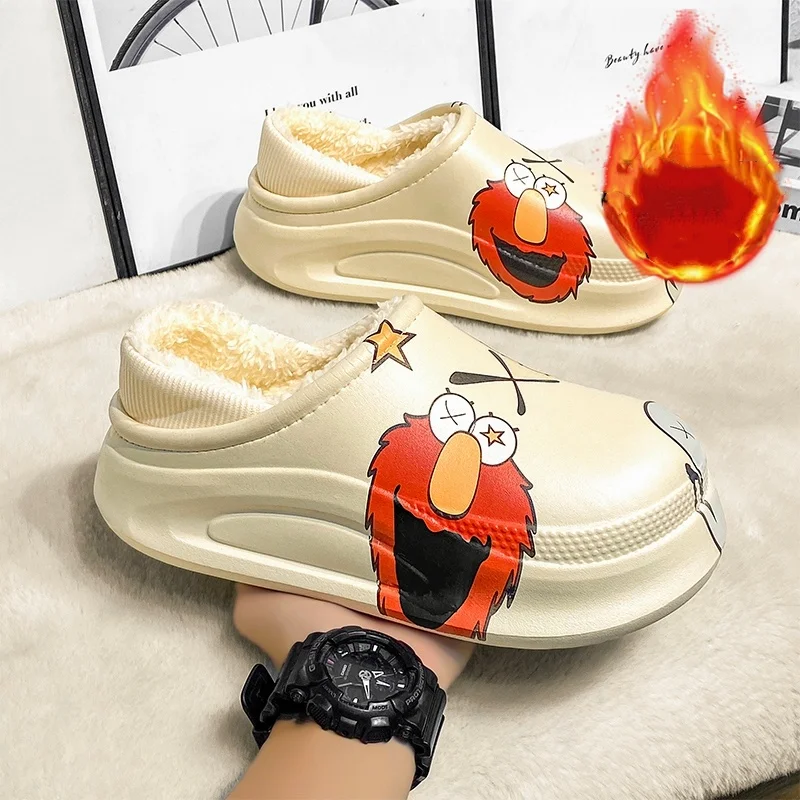 Men's & Women's Couple Autumn‑Winter EVA Closed‑Toe Slippers, Fleece‑Lined Thick Plush Interior, Thick‑Sole Anti‑Slip Plus‑Size