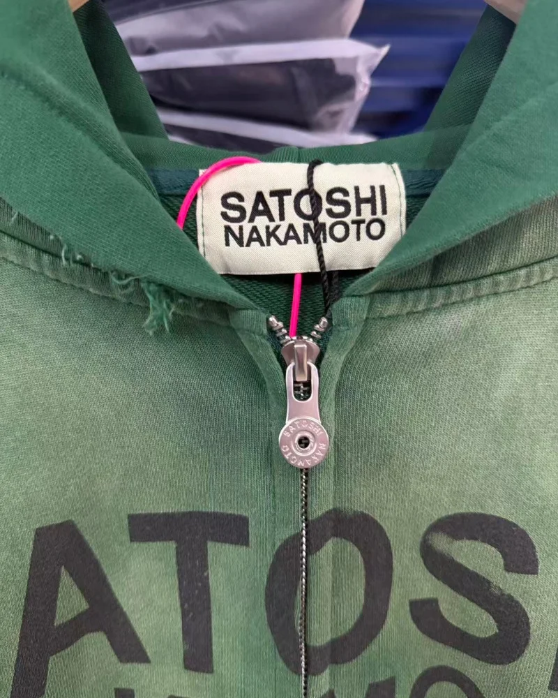 Navy Green SATOSHI NAKAMOTO Graffiti Washed Distressed Vintage Splatter Print Loose Fit Men's Women's Winter Zipper Hoodie