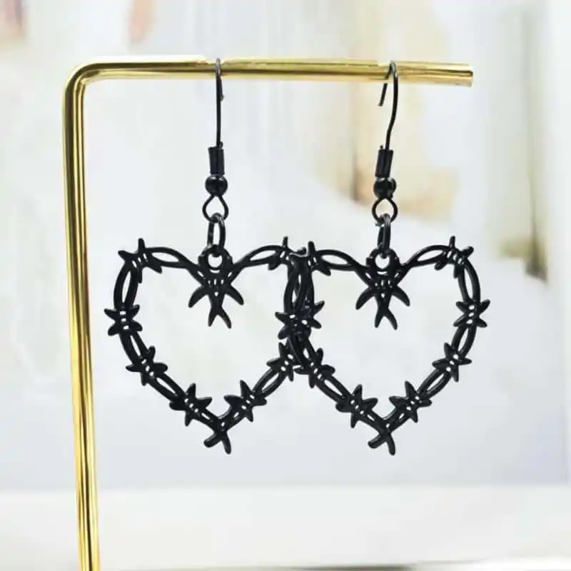 Large Gothic Heart Earrings Barbed Wire Heart Earrings Gothic Black Barbed Wire Thorn Earring