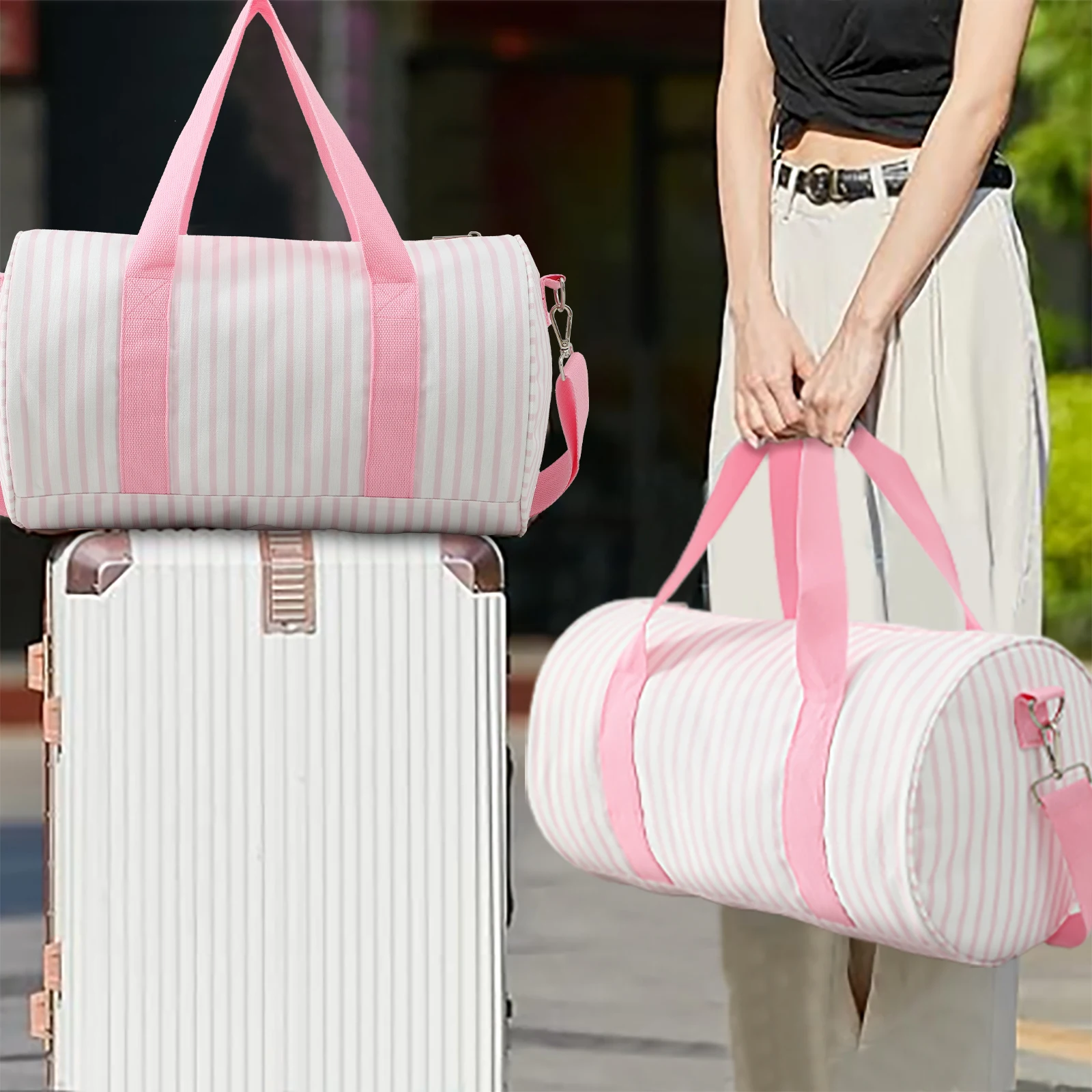 Striped Duffle Bag Women Canvas Embroidery Travel Shoulder Bag With Detachable Adjusted Strap