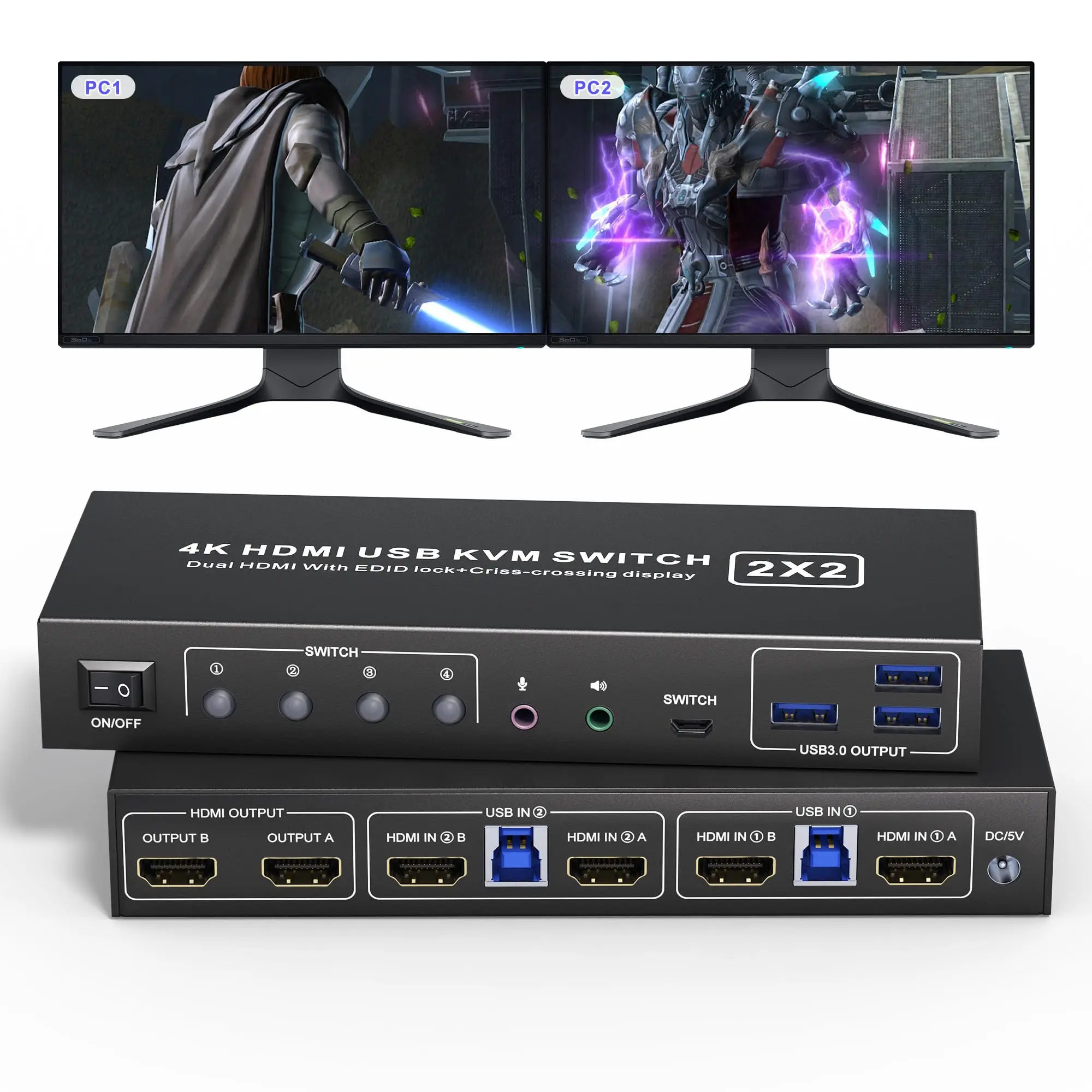 

USB 3.0 HDMI KVM Switch 2 Monitors 2 Computers 4K@60Hz,Supports EDID,Switch Dual Monitor with Audio&Microphone & 3 USB 3.0 Port