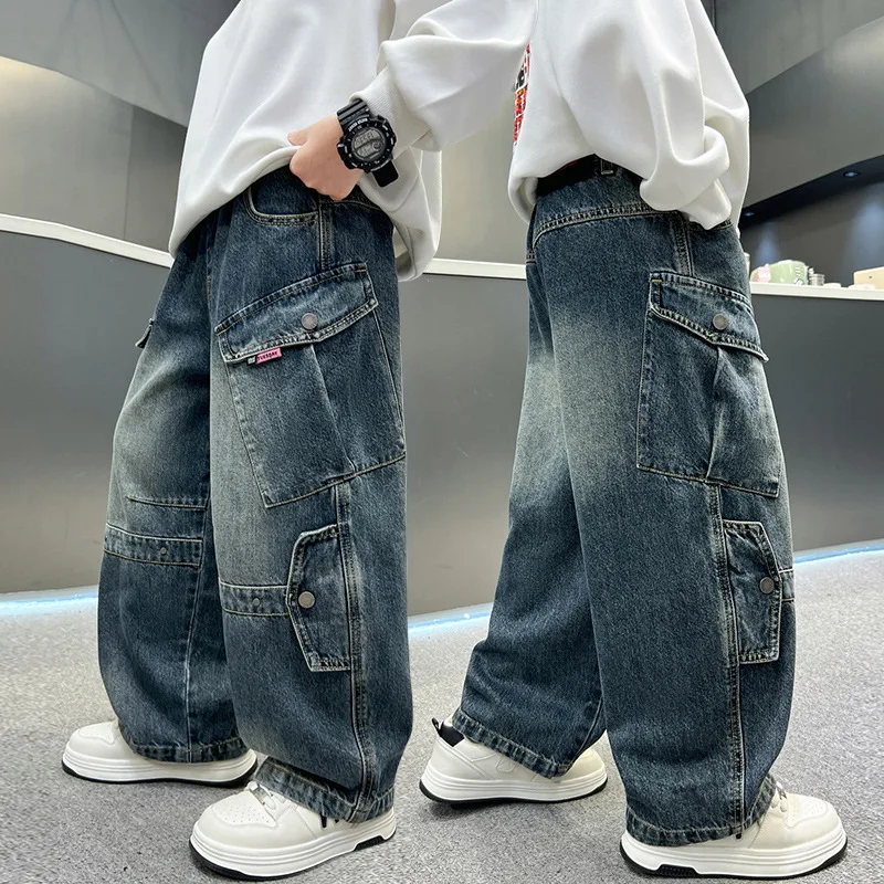 

Autumn Boys Casual Cargo Jeans With Pocket Preppy Loose Style Teenage Child Denim Pants High Fashion Kids Spring Trousers