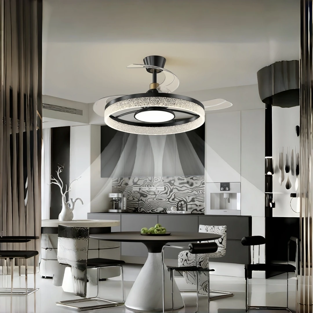 Luxury Crystal Ring Retractable Ceiling Fan with Light for Living Room Bedroom Dining Room Kitchen Island Restaurant Home Decor